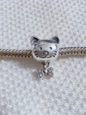 Pet Cat & Bow Silver Charm For Pandora Bracelet